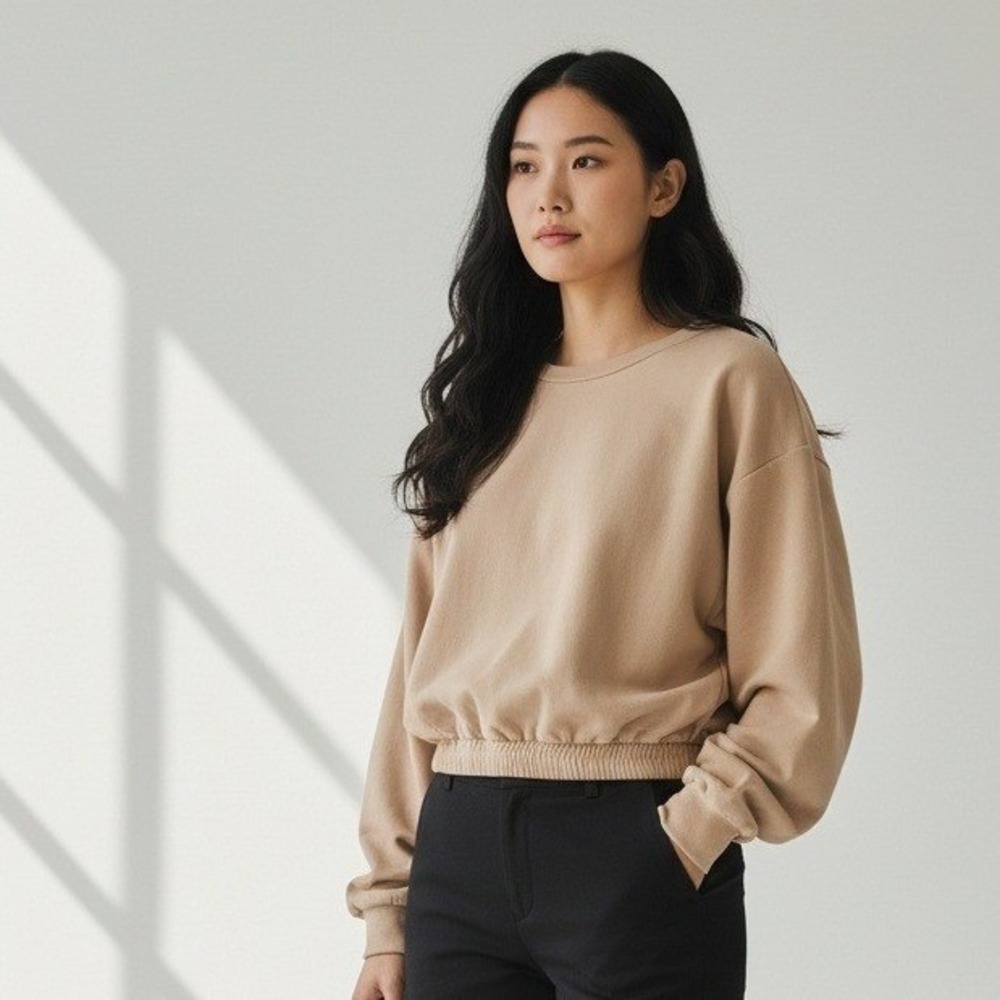 Lulus Tan Beige Cropped Sweatshirt Elastic Hem Crew Neck Cotton Pullover Large